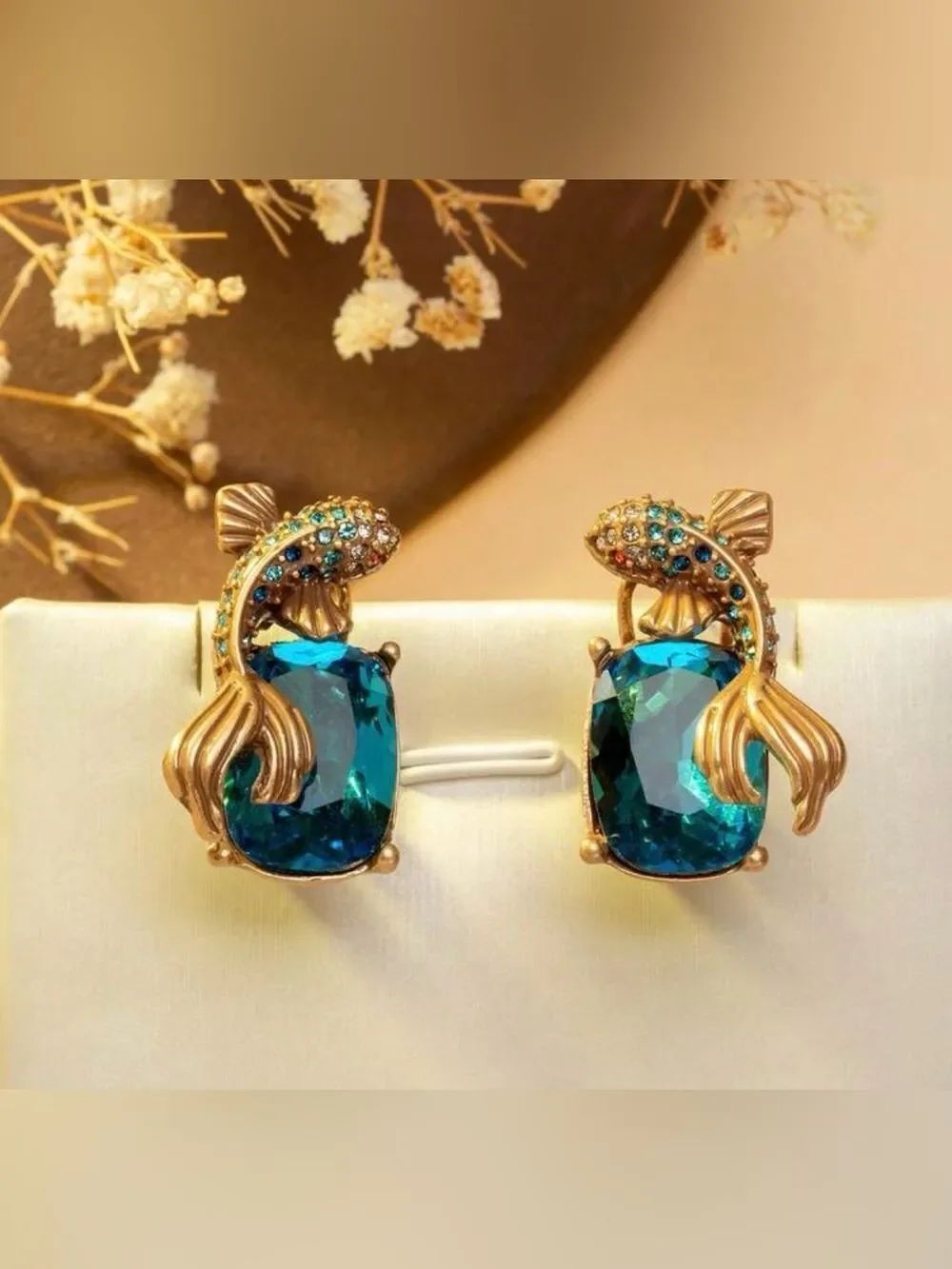 Koi Fish Earrings with Teal Blue Crystal A2074